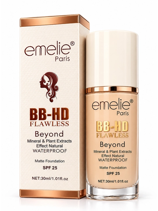 Emelie Paris BB-HD tonal krem, yuz uchun mat effektli, suvga chidamli, SPF 25, 30 ml
