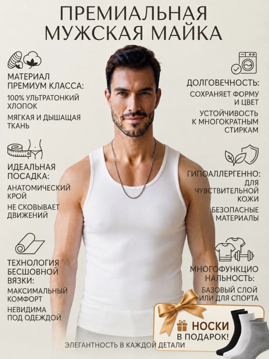 Erkaklar maykasi, paxta tolali, M dan 4XL gacha bo‘lgan choksiz