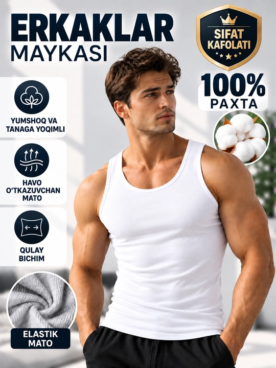 Erkaklar maykasi, paxta tolali, M dan 4XL gacha bo‘lgan choksiz