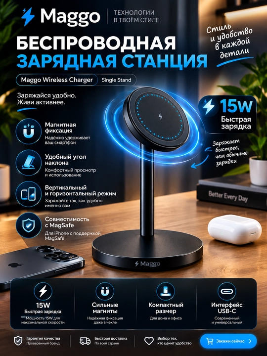 Maggo 15W MagSafe magnit simsiz zaryadlovchi qurilmasi USB-C tagligi bilan - 