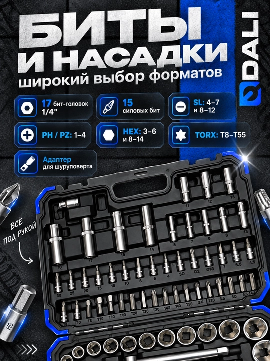 Набор торцевых головок DALI 94 предмета, 1/2 и 1/4 дюйма, с трещотками