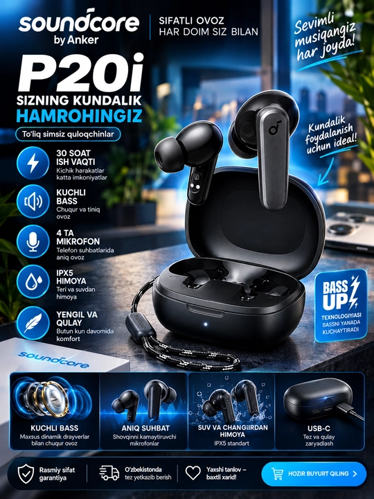 Simsiz quloqchinlar SoundCore P20i - kuchli bas, 30 soat simsiz musiqa - 