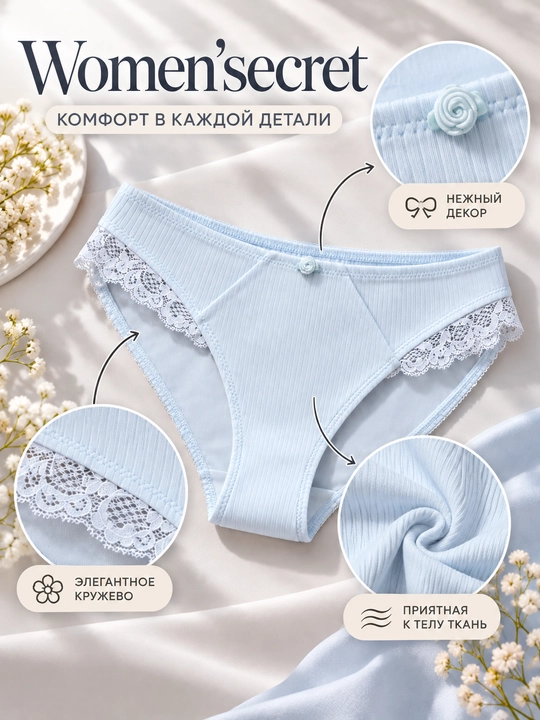 Женские трусы Women’secret голубые, с нежным кружевом, мягкие и удобные - 
