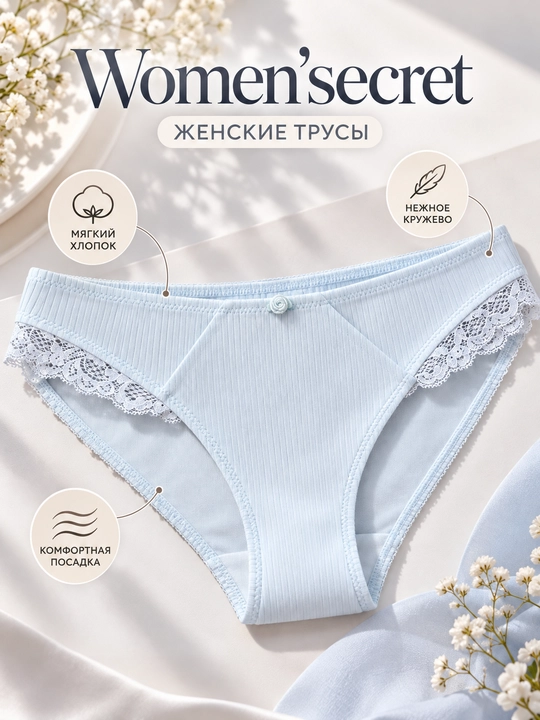Женские трусы Women’secret голубые, с нежным кружевом, мягкие и удобные