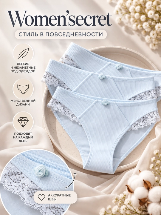 Женские трусы Women’secret голубые, с нежным кружевом, мягкие и удобные