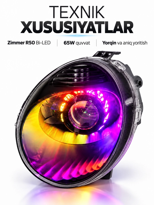 Фары Bi-LED для Chevrolet Matiz, Zimmer R50 80W, 3 дюйма, RGB-маска, тюнинг оптика