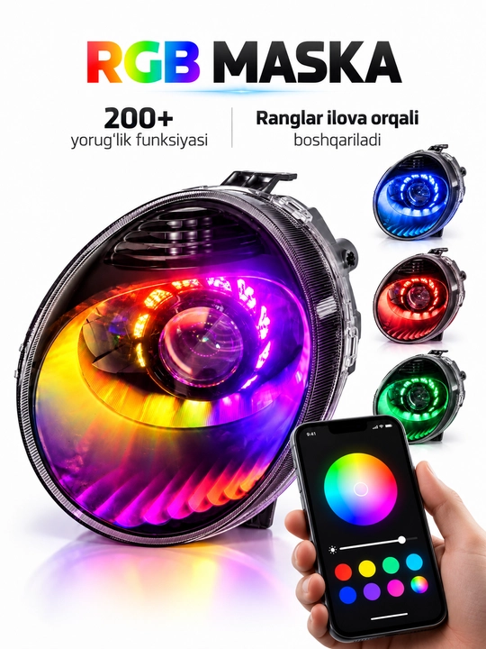 Фары Bi-LED для Chevrolet Matiz, Zimmer R50 80W, 3 дюйма, RGB-маска, тюнинг оптика