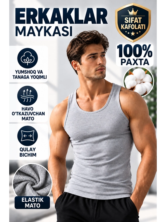 Erkaklar maykasi, paxta tolali, M dan 4XL gacha bo‘lgan choksiz