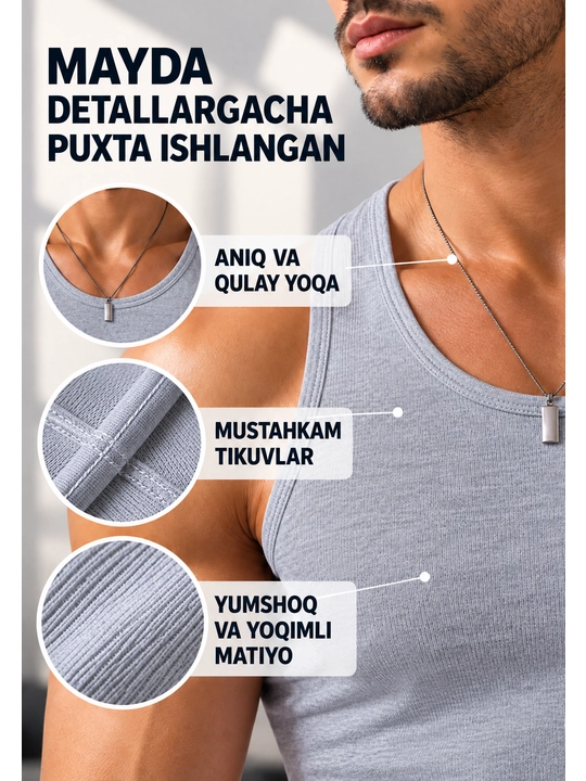 Erkaklar maykasi, paxta tolali, M dan 4XL gacha bo‘lgan choksiz