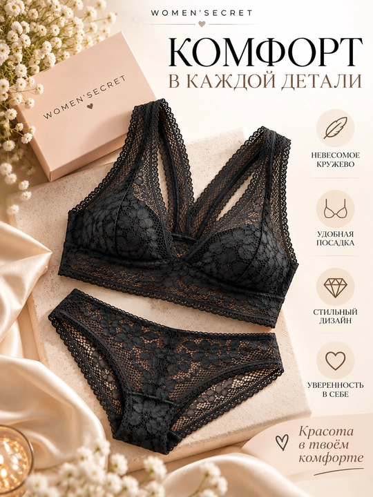 Women’secret ayollar uchun qora rangli krujevali ichki kiyim to‘plami, bralet va trusik