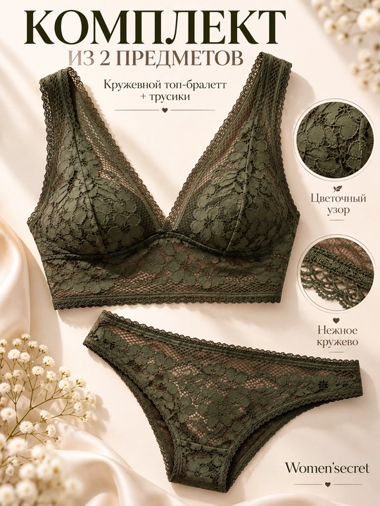 Women’secret ayollar uchun to‘q yashil krujevali ichki kiyim to‘plami, bralet va trusik - 