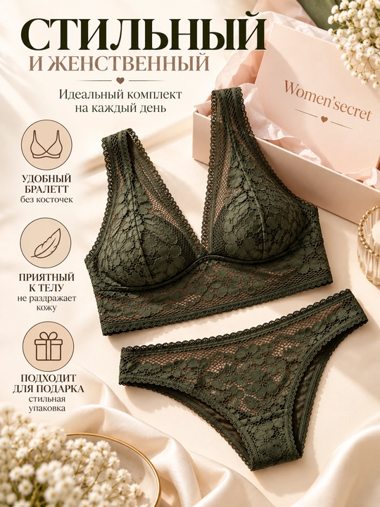 Women’secret ayollar uchun to‘q yashil krujevali ichki kiyim to‘plami, bralet va trusik