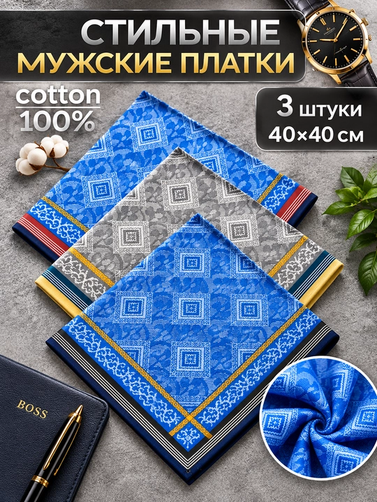 Мужские носовые платки, карманные платочки, набор носовых платков - 