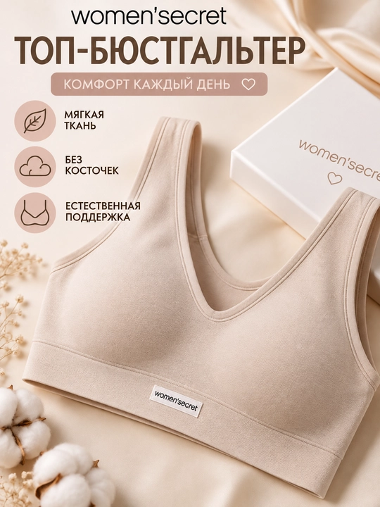 Women’secret ayollar uchun bej rangli top-byustgalter, yumshoq, kostochkasiz - 