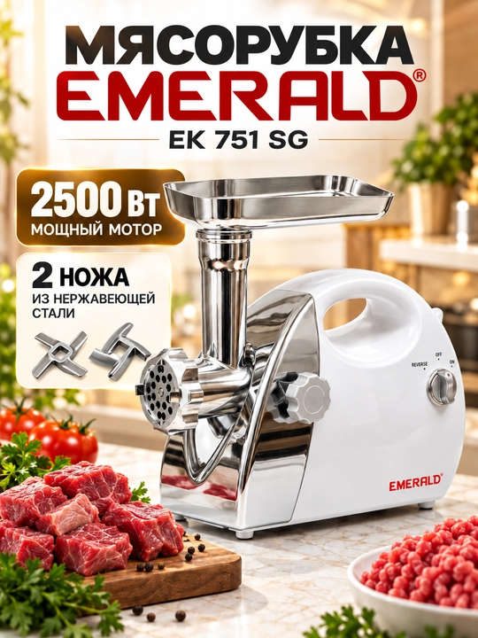 Мясорубка EMERALD 2500Вт стальные ножи насадки 5-7 мм колбаса куббе реверс защита домашняя - 