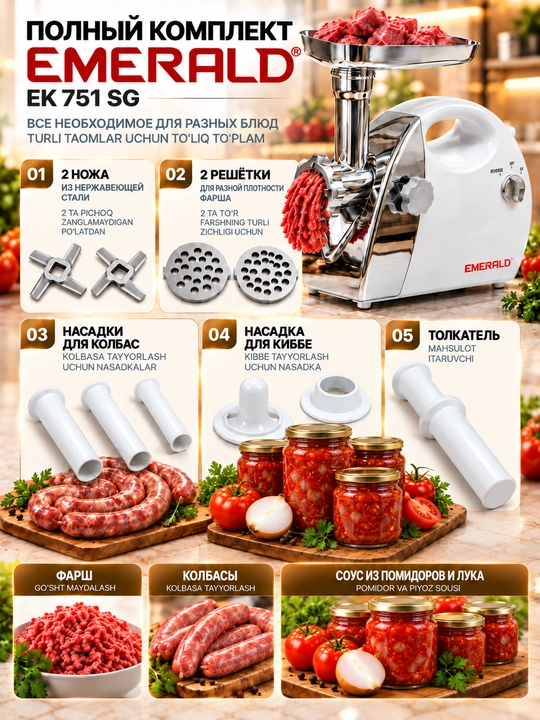 Мясорубка EMERALD 2500Вт стальные ножи насадки 5-7 мм колбаса куббе реверс защита домашняя