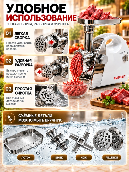 Мясорубка EMERALD 2500Вт стальные ножи насадки 5-7 мм колбаса куббе реверс защита домашняя