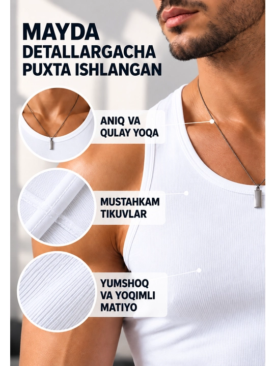 Erkaklar maykasi, paxta tolali, M dan 4XL gacha bo‘lgan choksiz