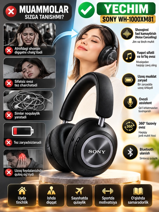 Sony WH-1000XM81 simsiz Bluetooth quloqchin, shovqinni kamaytiruvchi