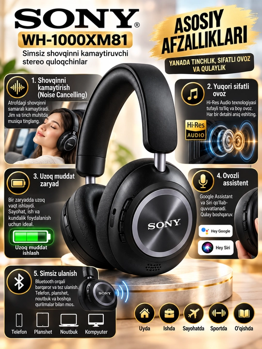 Sony WH-1000XM81 simsiz Bluetooth quloqchin, shovqinni kamaytiruvchi