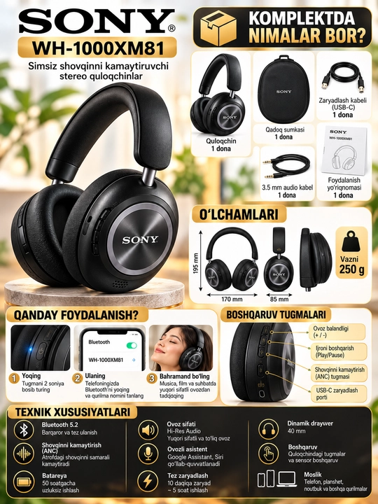 Sony WH-1000XM81 simsiz Bluetooth quloqchin, shovqinni kamaytiruvchi