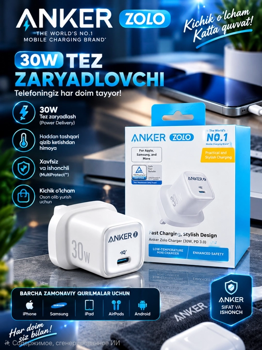 Anker Zolo 30W USB-C Tezkor Zaryadlovchi Adapter, Power Delivery 3.0, Fast Charging - 