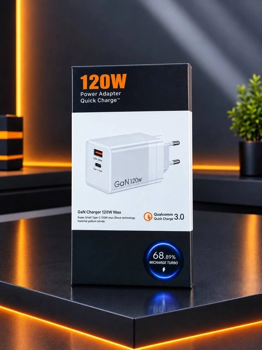 Tezkor zaryadlovchi GaN 120W, Type-C va USB port, kabeli bilan - 