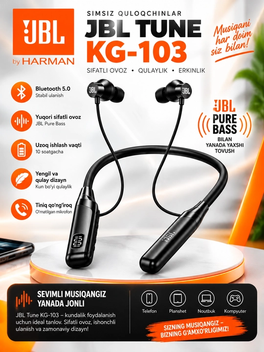 JBL Tune KG-103 simsiz Bluetooth quloqchin, LED displeyli, xotira karta bilan - 