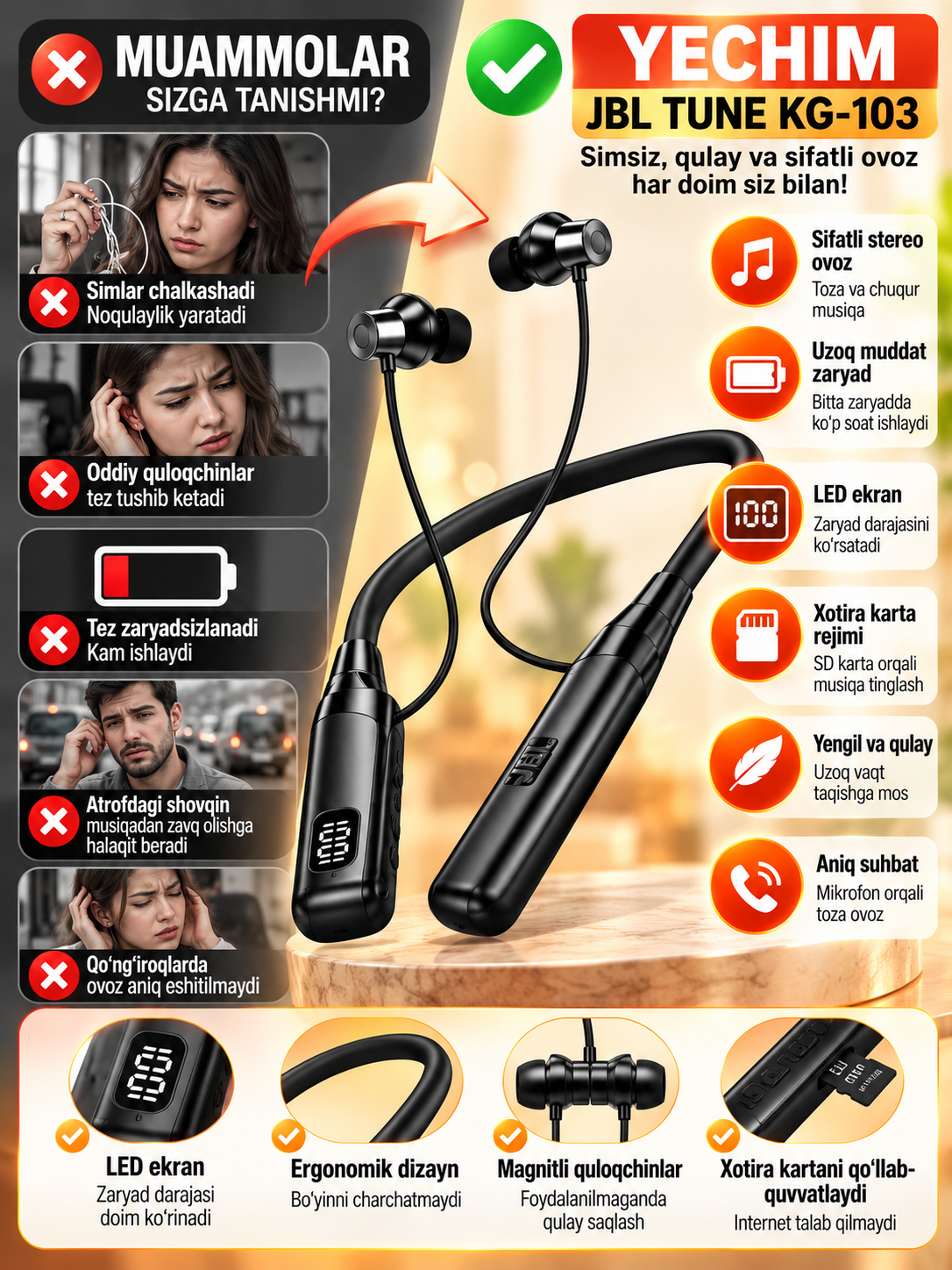 JBL Tune KG-103 simsiz Bluetooth quloqchin, LED displeyli, xotira karta bilan