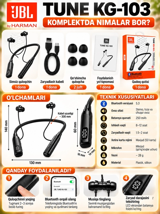 JBL Tune KG-103 simsiz Bluetooth quloqchin, LED displeyli, xotira karta bilan
