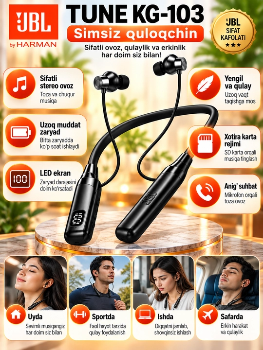 JBL Tune KG-103 simsiz Bluetooth quloqchin, LED displeyli, xotira karta bilan