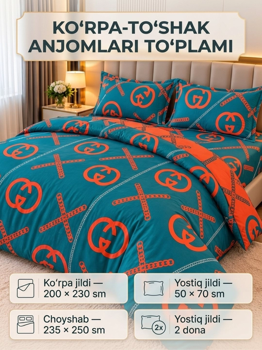 Yevro o‘lchamdagi Super Satin choyshablar to‘plami, 100% paxta