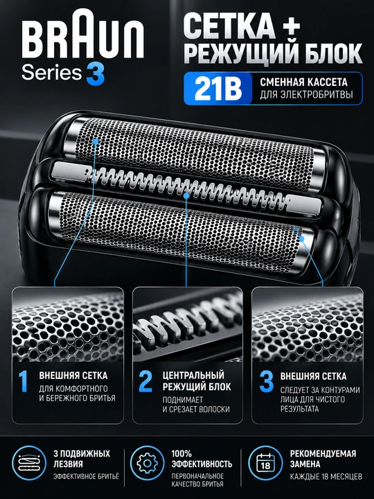 To‘r va kesish bloki Braun Series 3 21B, almashtiriladigan kasseta, qora