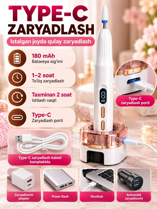 Manikyur va pedikyur uchun elektr apparat - 6 ta nasadka, daqiqasiga 12 000 aylanish - 