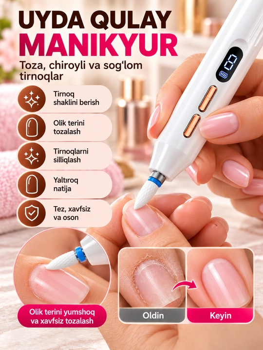 Manikyur va pedikyur uchun elektr apparat - 6 ta nasadka, daqiqasiga 12 000 aylanish
