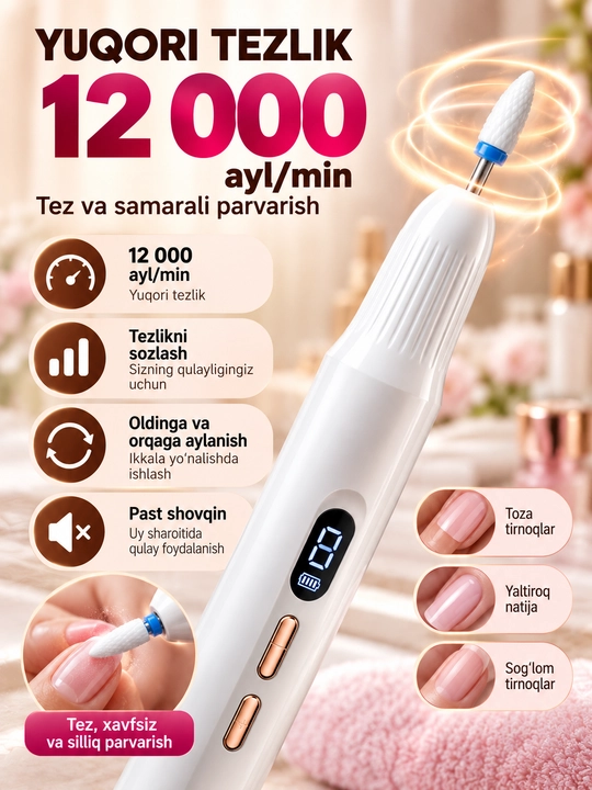 Manikyur va pedikyur uchun elektr apparat - 6 ta nasadka, daqiqasiga 12 000 aylanish