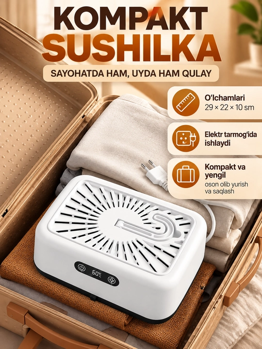 Portativ elektr kiyim quritgich, sushilka, uy va safar uchun, tez quritish moslamasi
