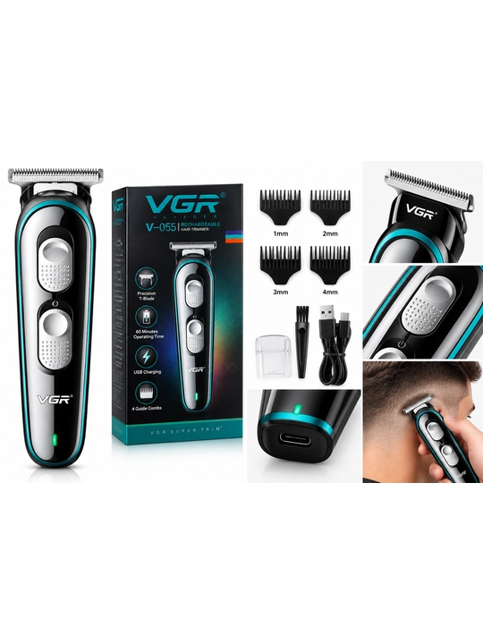 Триммер VGR V-055 для волос и бороды, Т-образное лезвие, зарядка USB, 4 насадки