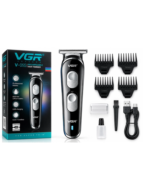 Триммер VGR V-055 для волос и бороды, Т-образное лезвие, зарядка USB, 4 насадки