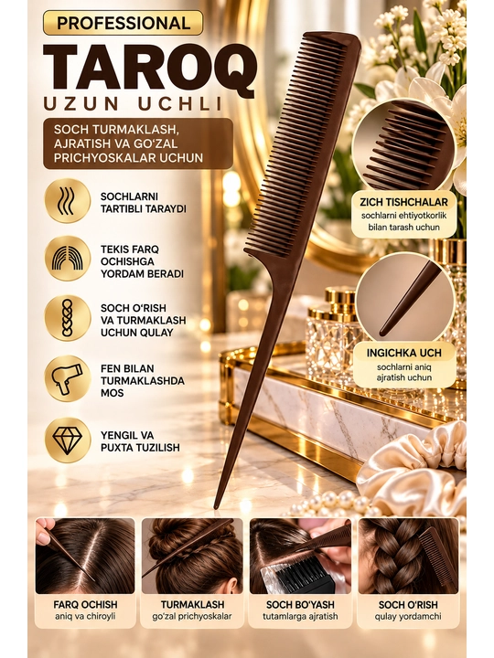 Soch ajratish va turmaklash uchun uzun uchli professional taroq