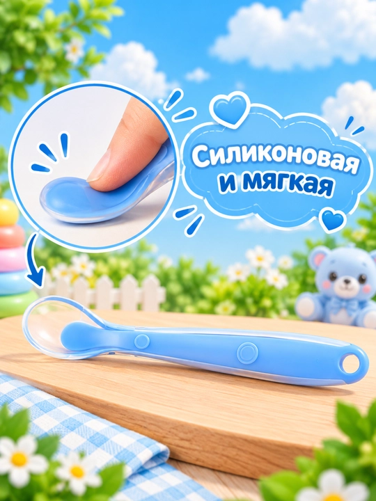Детская ложка для кормления, прикорма, силиконовая, обучающая, термоложка