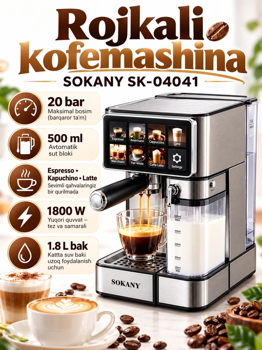 Karob qahva mashinasi SOKANY SK-04041,20 bar,1800 Vt,1,8 l,avtomatik sut ko'pirtirgich