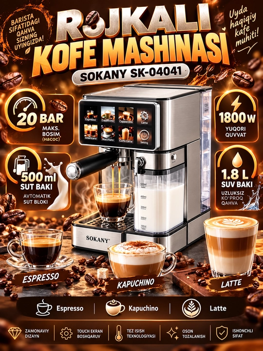 Кофемашина рожковая SK-04041,20 бар,1800 Вт,1.8 л,автоматический вспениватель молока - 