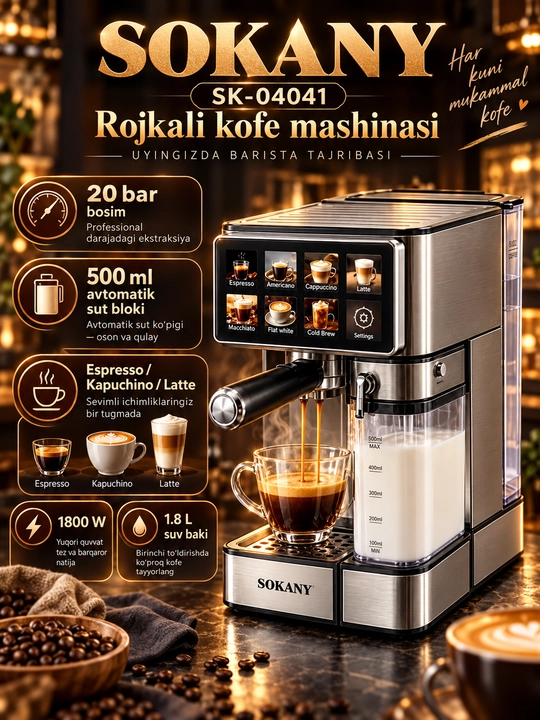 Karob qahva mashinasi SOKANY SK-04041,20 bar,1800 Vt,1,8 l,avtomatik sut ko'pirtirgich