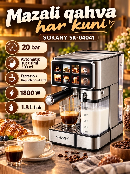 Karob qahva mashinasi SOKANY SK-04041,20 bar,1800 Vt,1,8 l,avtomatik sut ko'pirtirgich