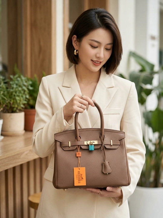 Hermes uslubidagi ayollar uchun jigarrang charm qo‘l sumkasi - 