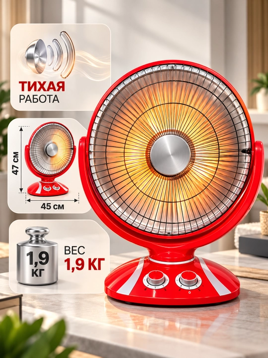 Керамический обогреватель, 2 режима нагрева, наклон 180°, поворот 90°, компактный