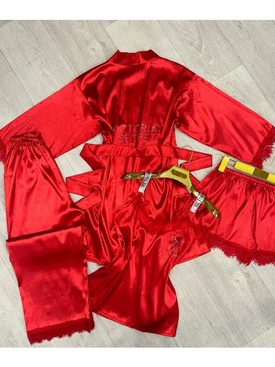 Женский атласный комплект пижамы 4 в 1 – халат, майка, брюки и шорты - 