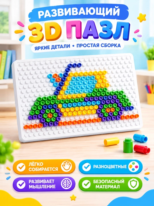 3D rivojlantiruvchi pazl, 3+ yoshdagi bolalar uchun rangli detallar bilan - 