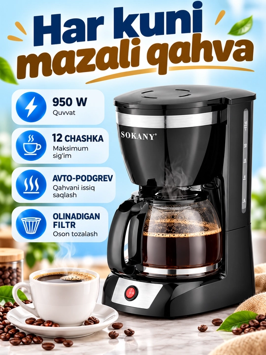 Damlamali kofe qaynatgich SOKANY CM-108S,12 stakan,950Vt,isitiladigan - 